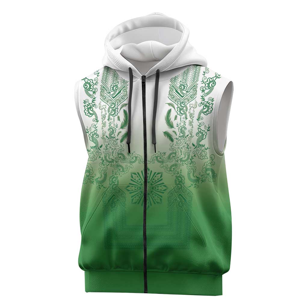 Philippines Barong Style Sleeveless Zip Hoodie with Polynesian Art and Leaf Motif Green Color