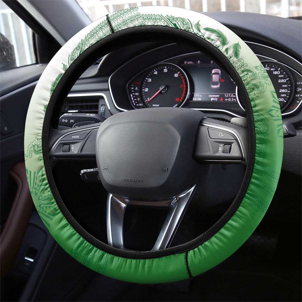 Philippines Barong Style Steering Wheel Cover with Polynesian Art and Leaf Motif Green Color