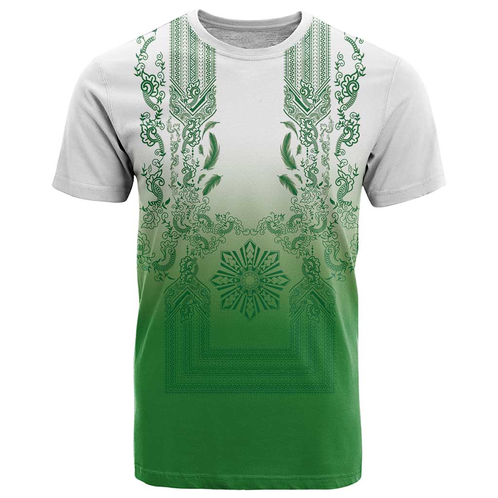 Philippines Barong Style T Shirt with Polynesian Art and Leaf Motif Green Color