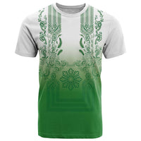 Philippines Barong Style T Shirt with Polynesian Art and Leaf Motif Green Color