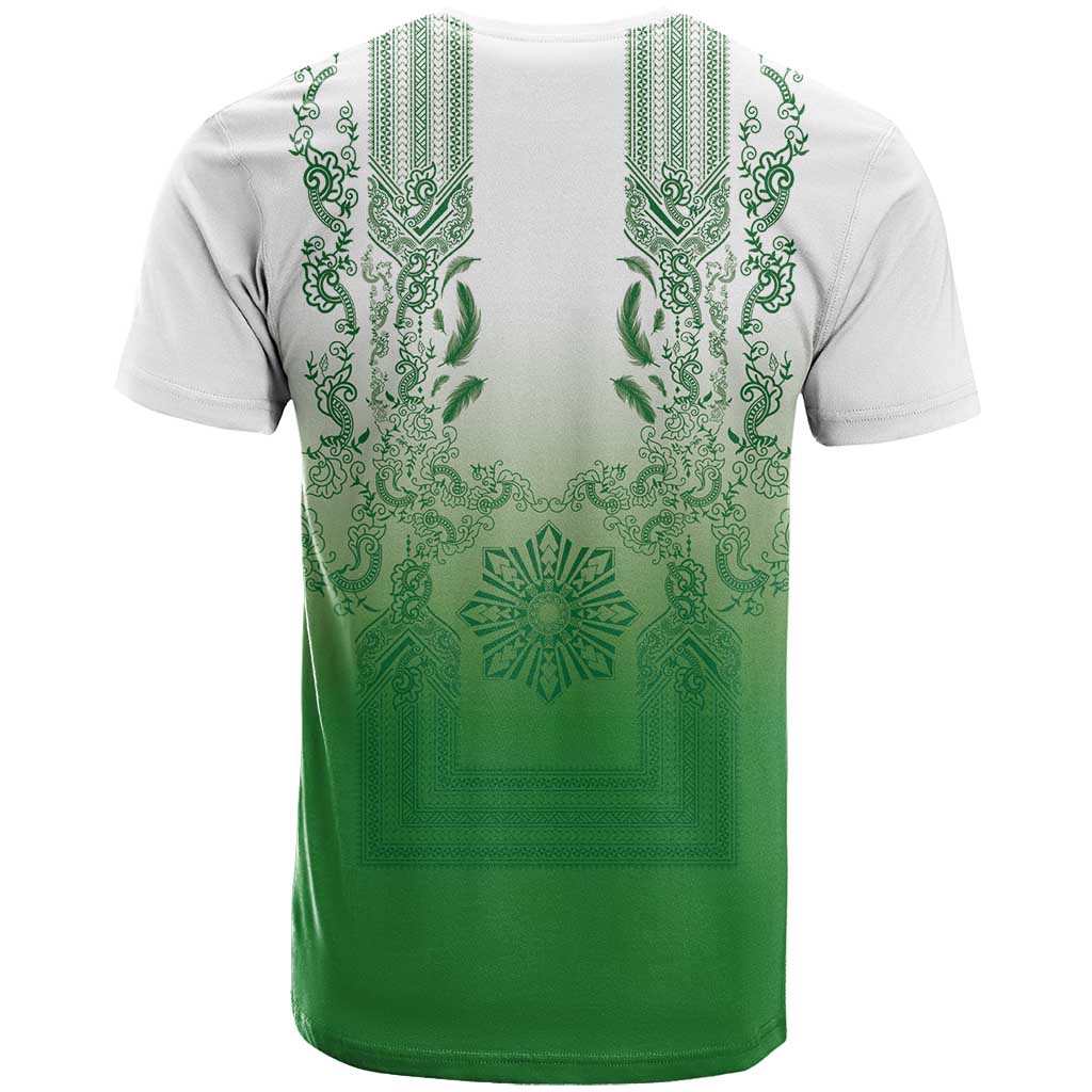 Philippines Barong Style T Shirt with Polynesian Art and Leaf Motif Green Color