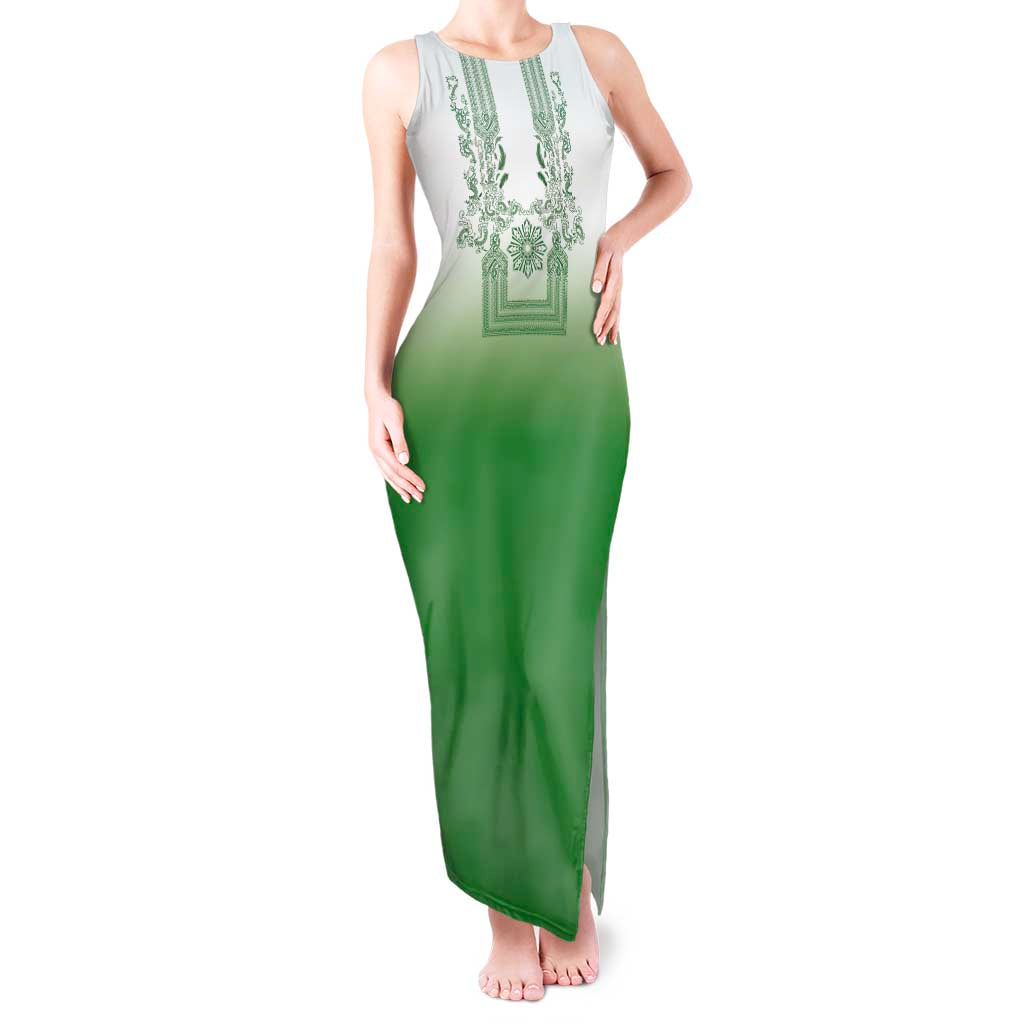 Philippines Barong Style Tank Maxi Dress with Polynesian Art and Leaf Motif Green Color