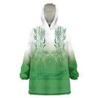 Philippines Barong Style Wearable Blanket Hoodie with Polynesian Art and Leaf Motif Green Color