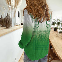 Philippines Barong Style Women Casual Shirt with Polynesian Art and Leaf Motif Green Color