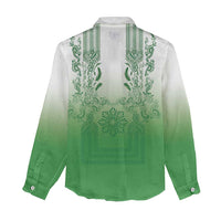 Philippines Barong Style Women Casual Shirt with Polynesian Art and Leaf Motif Green Color