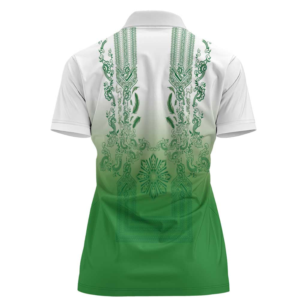 Philippines Barong Style Women Polo Shirt with Polynesian Art and Leaf Motif Green Color