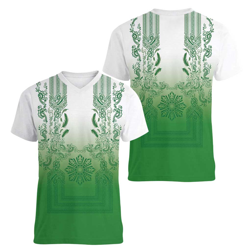 Philippines Barong Style Women V-Neck T-Shirt with Polynesian Art and Leaf Motif Green Color