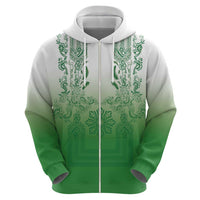 Philippines Barong Style Zip Hoodie with Polynesian Art and Leaf Motif Green Color