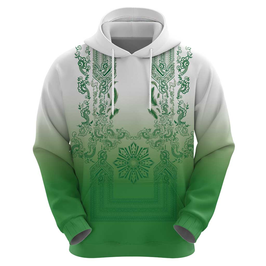Philippines Barong Style Zip Hoodie with Polynesian Art and Leaf Motif Green Color