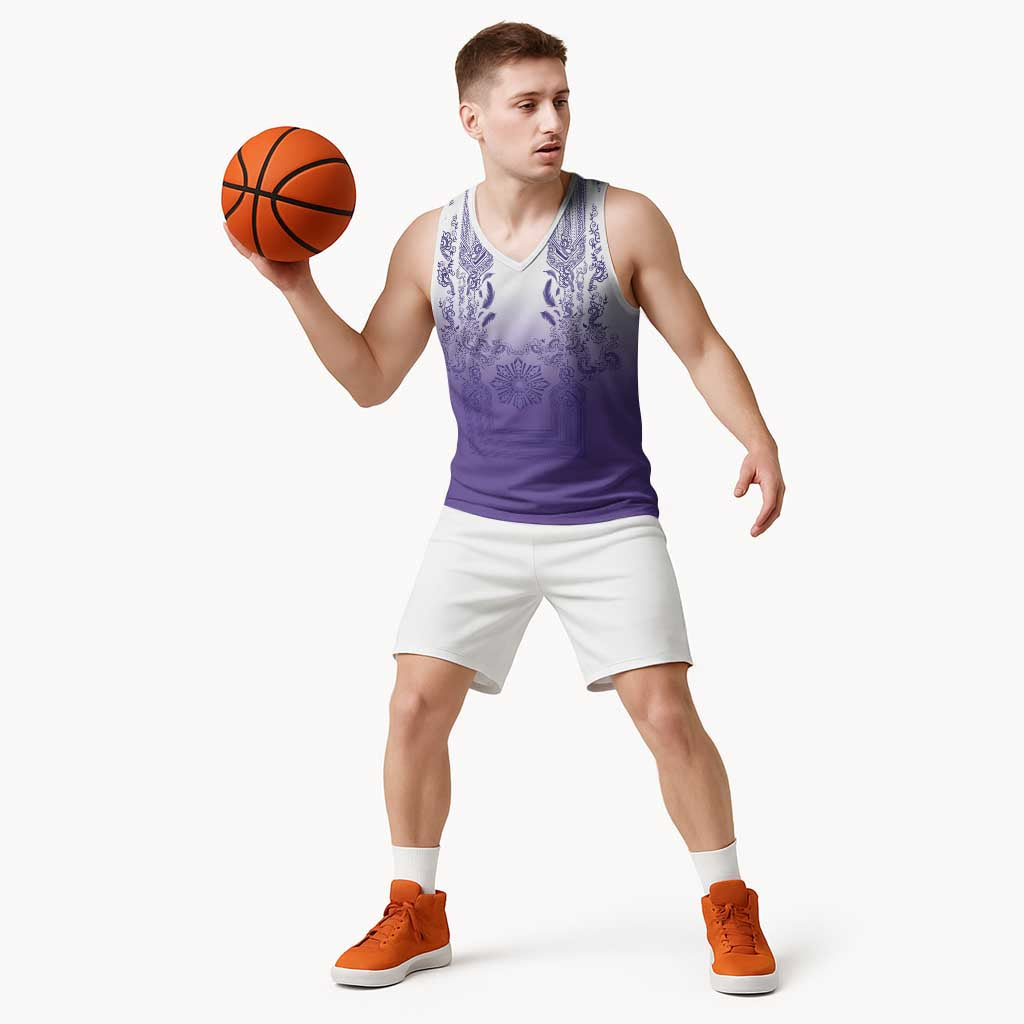 Philippines Barong Style Basketball Jersey with Polynesian Art and Leaf Motif Purple Color