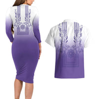 Philippines Barong Style Couples Matching Long Sleeve Bodycon Dress and Hawaiian Shirt with Polynesian Art and Leaf Motif Purple Color LT03 - Polynesian Pride
