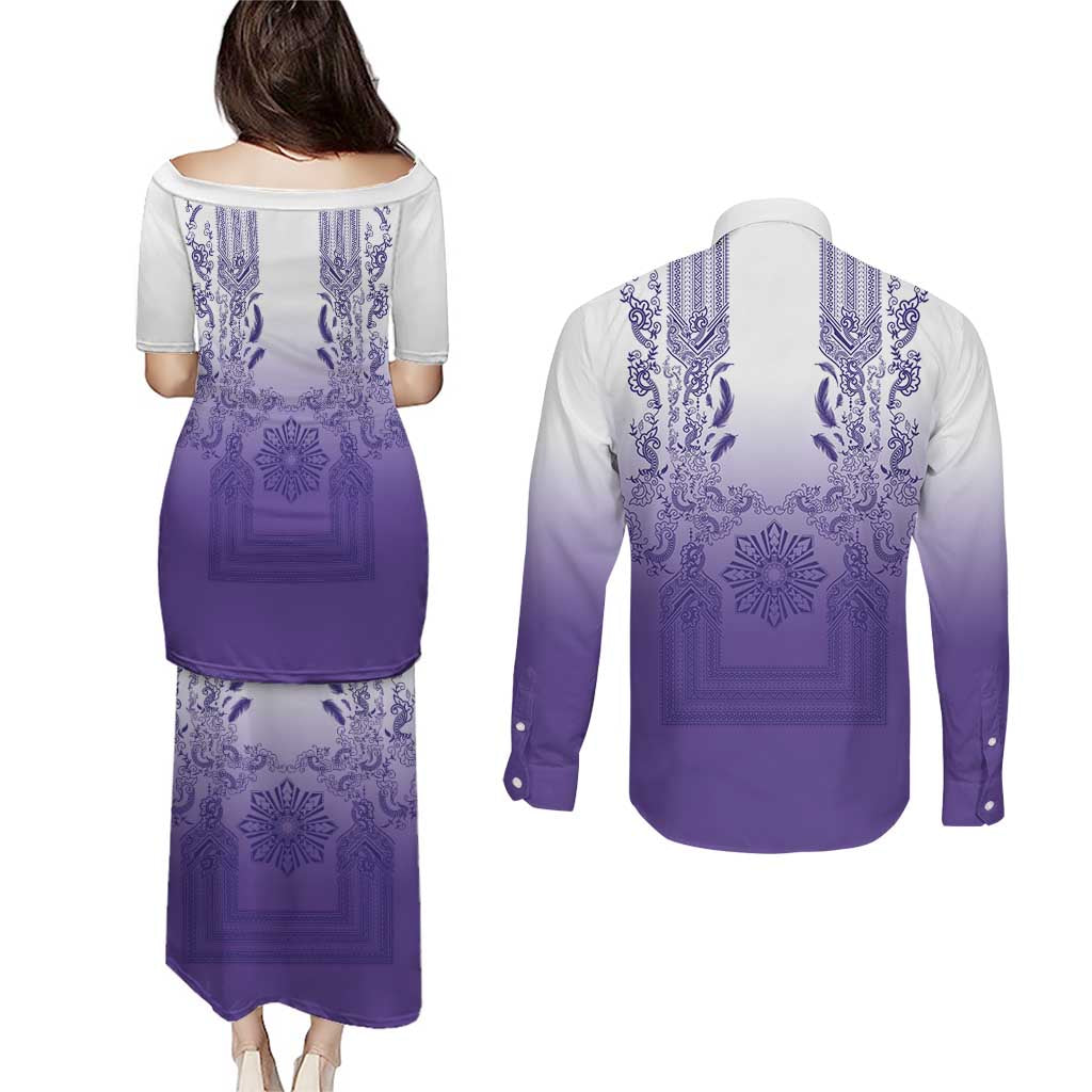 Philippines Barong Style Couples Matching Puletasi and Long Sleeve Button Shirt with Polynesian Art and Leaf Motif Purple Color