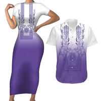 Philippines Barong Style Couples Matching Short Sleeve Bodycon Dress and Hawaiian Shirt with Polynesian Art and Leaf Motif Purple Color LT03 Purple - Polynesian Pride