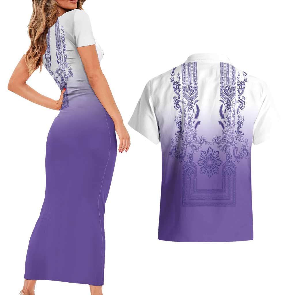Philippines Barong Style Couples Matching Short Sleeve Bodycon Dress and Hawaiian Shirt with Polynesian Art and Leaf Motif Purple Color LT03 - Polynesian Pride