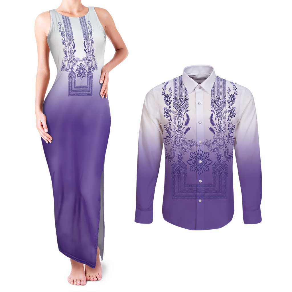Philippines Barong Style Couples Matching Tank Maxi Dress and Long Sleeve Button Shirt with Polynesian Art and Leaf Motif Purple Color LT03 Purple - Polynesian Pride