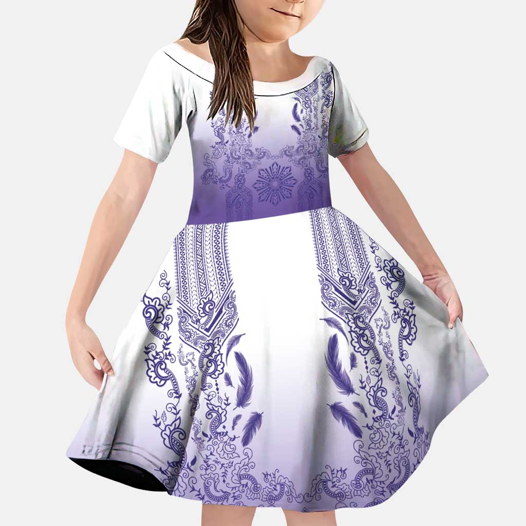 Philippines Barong Style Family Matching Off Shoulder Maxi Dress and Hawaiian Shirt with Polynesian Art and Leaf Motif Purple Color LT03 Daughter's Dress Purple - Polynesian Pride