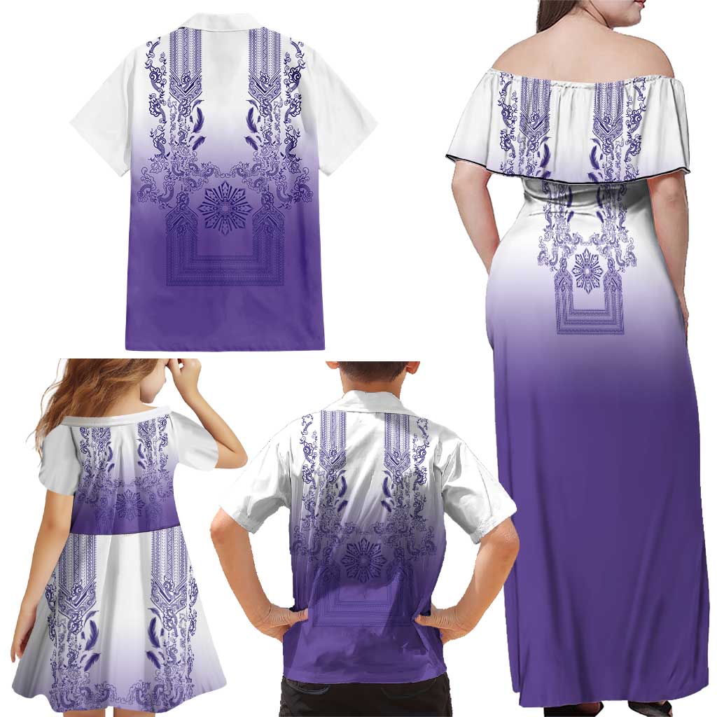 Philippines Barong Style Family Matching Off Shoulder Maxi Dress and Hawaiian Shirt with Polynesian Art and Leaf Motif Purple Color LT03 - Polynesian Pride