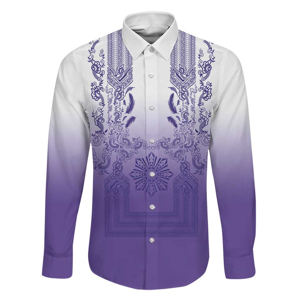 Philippines Barong Style Family Matching Puletasi and Hawaiian Shirt with Polynesian Art and Leaf Motif Purple Color LT03 Dad's Shirt - Long Sleeve Purple - Polynesian Pride