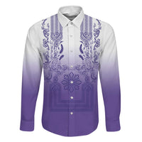 Philippines Barong Style Family Matching Puletasi and Hawaiian Shirt with Polynesian Art and Leaf Motif Purple Color LT03 Dad's Shirt - Long Sleeve Purple - Polynesian Pride