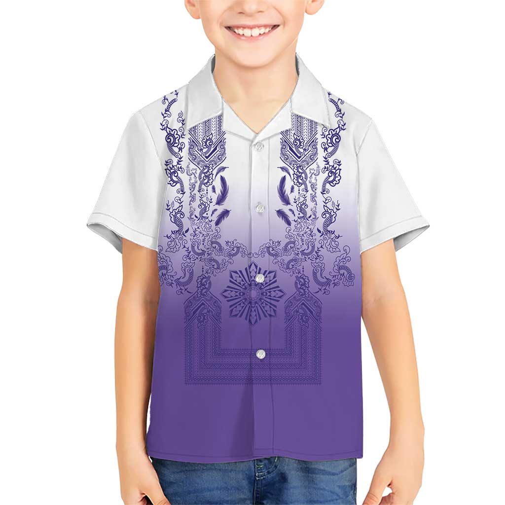 Philippines Barong Style Hawaiian Shirt with Polynesian Art and Leaf Motif Purple Color