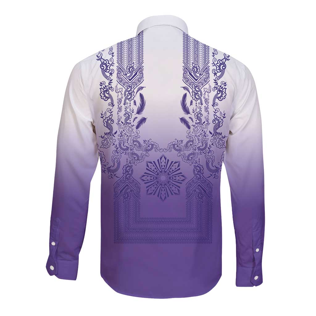 Philippines Barong Style Long Sleeve Button Shirt with Polynesian Art and Leaf Motif Purple Color
