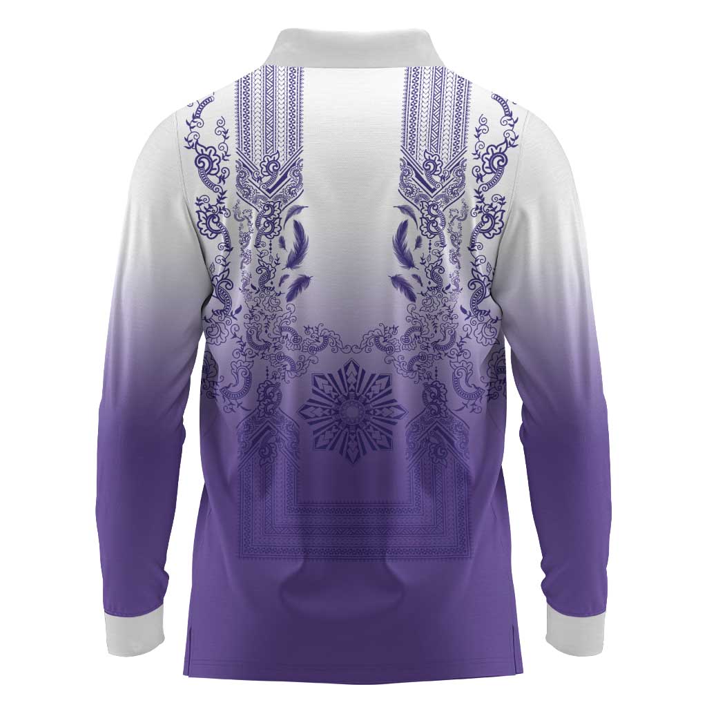 Philippines Barong Style Long Sleeve Polo Shirt with Polynesian Art and Leaf Motif Purple Color
