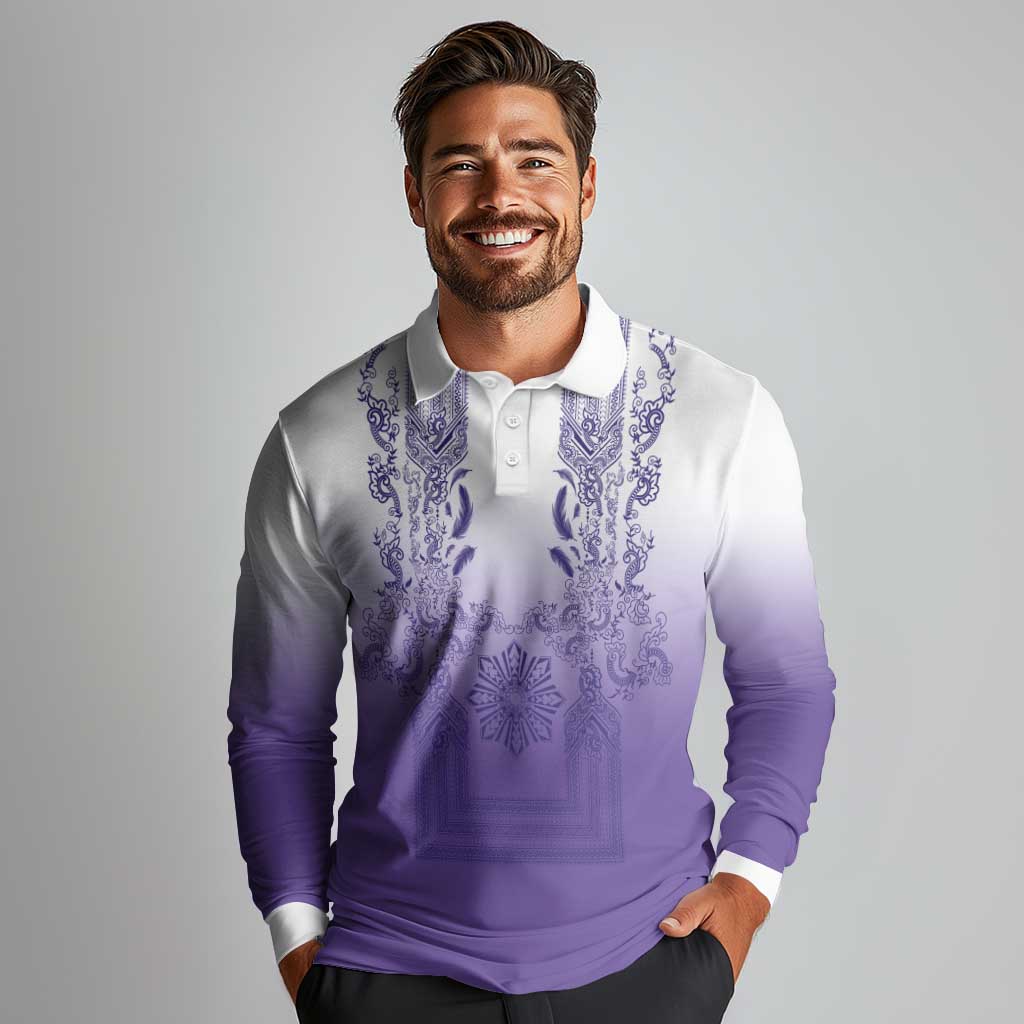 Philippines Barong Style Long Sleeve Polo Shirt with Polynesian Art and Leaf Motif Purple Color