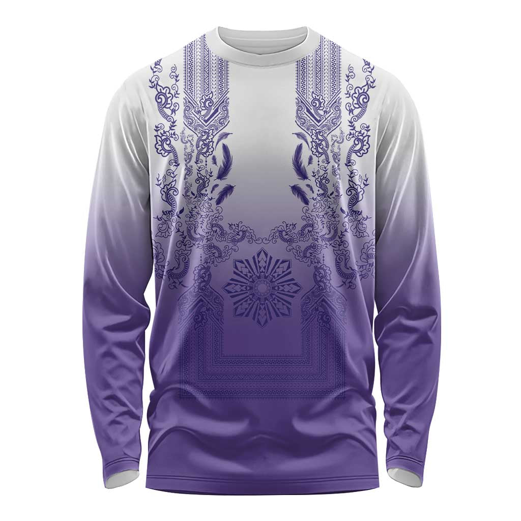 Philippines Barong Style Long Sleeve Shirt with Polynesian Art and Leaf Motif Purple Color