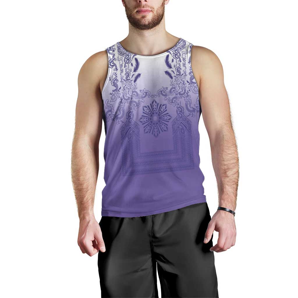 Philippines Barong Style Men Tank Top with Polynesian Art and Leaf Motif Purple Color