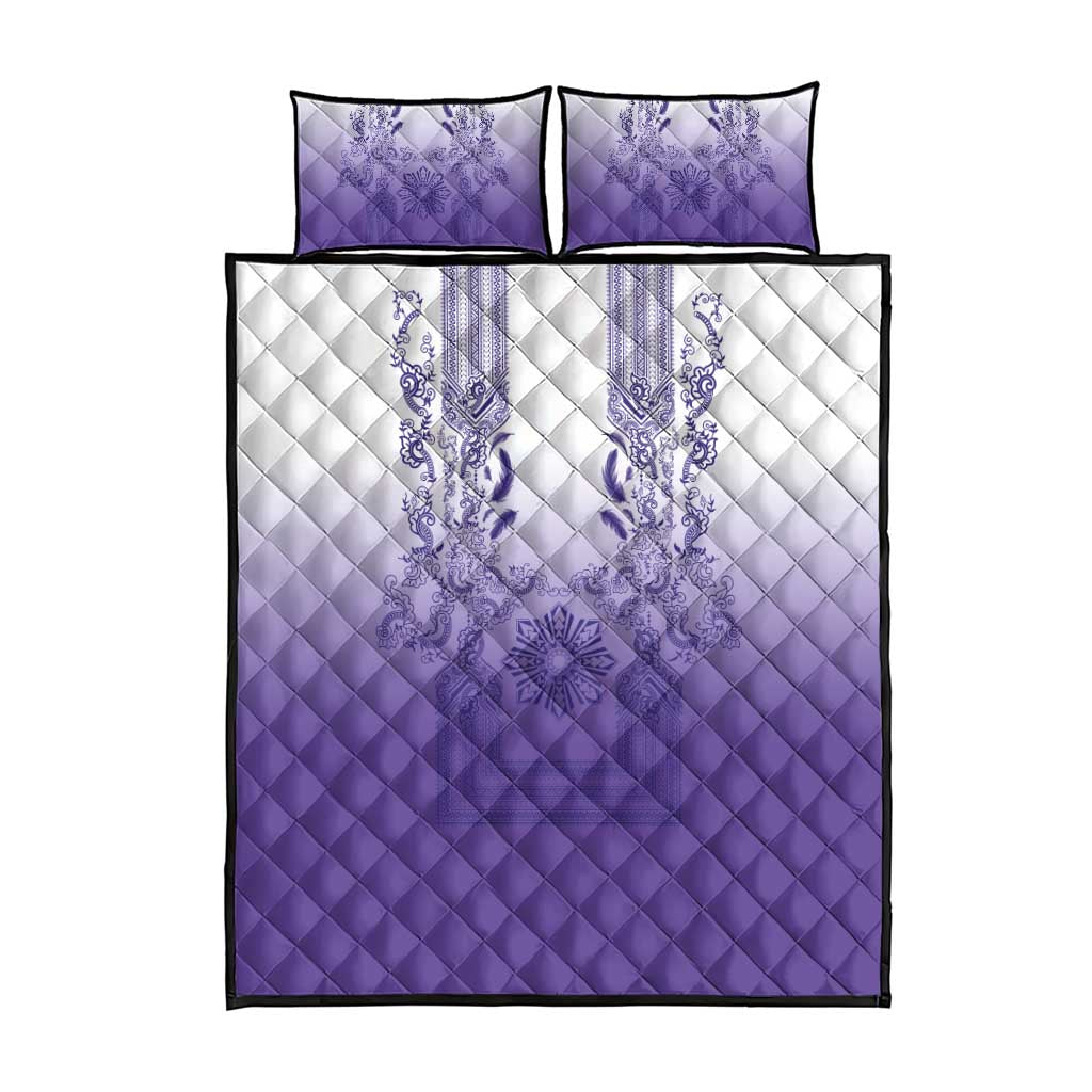 Philippines Barong Style Quilt Bed Set with Polynesian Art and Leaf Motif Purple Color