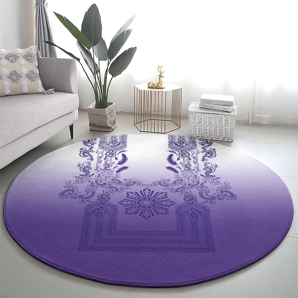 Philippines Barong Style Round Carpet with Polynesian Art and Leaf Motif Purple Color