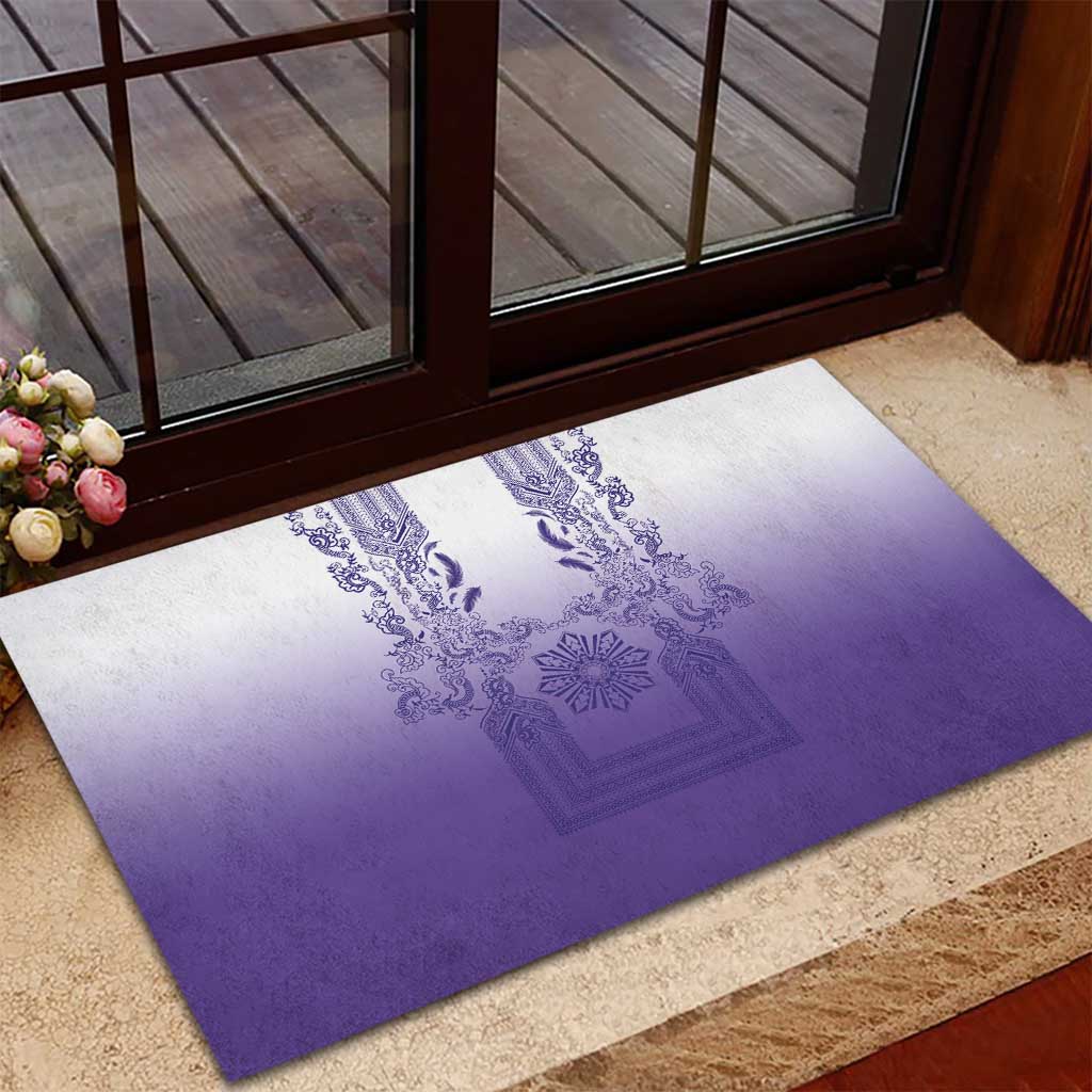 Philippines Barong Style Rubber Doormat with Polynesian Art and Leaf Motif Purple Color