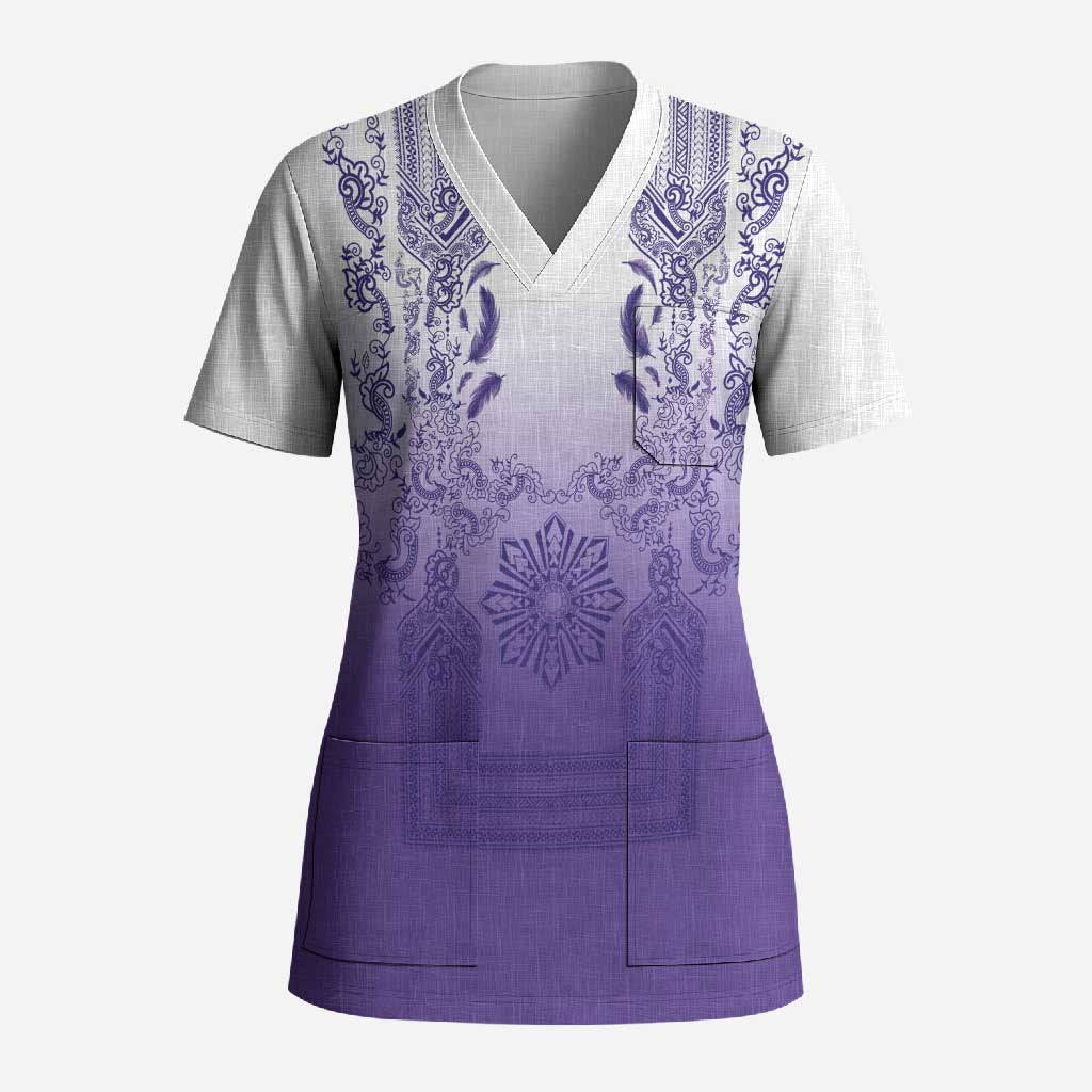 Philippines Barong Style Scrub Top with Polynesian Art and Leaf Motif Purple Color