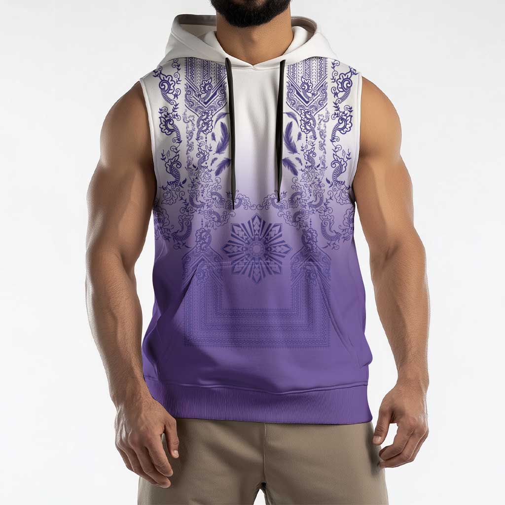 Philippines Barong Style Sleeveless Hoodie with Polynesian Art and Leaf Motif Purple Color