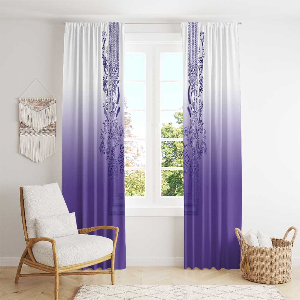 Philippines Barong Style Window Curtain with Polynesian Art and Leaf Motif Purple Color