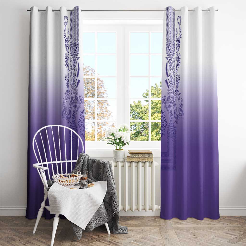 Philippines Barong Style Window Curtain with Polynesian Art and Leaf Motif Purple Color