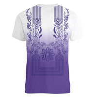 Philippines Barong Style Women V-Neck T-Shirt with Polynesian Art and Leaf Motif Purple Color LT03 - Polynesian Pride