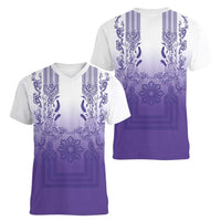 Philippines Barong Style Women V-Neck T-Shirt with Polynesian Art and Leaf Motif Purple Color LT03 - Polynesian Pride