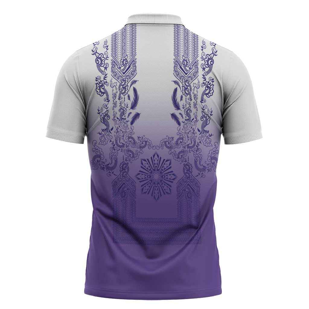 Philippines Barong Style Zipper Polo Shirt with Polynesian Art and Leaf Motif Purple Color