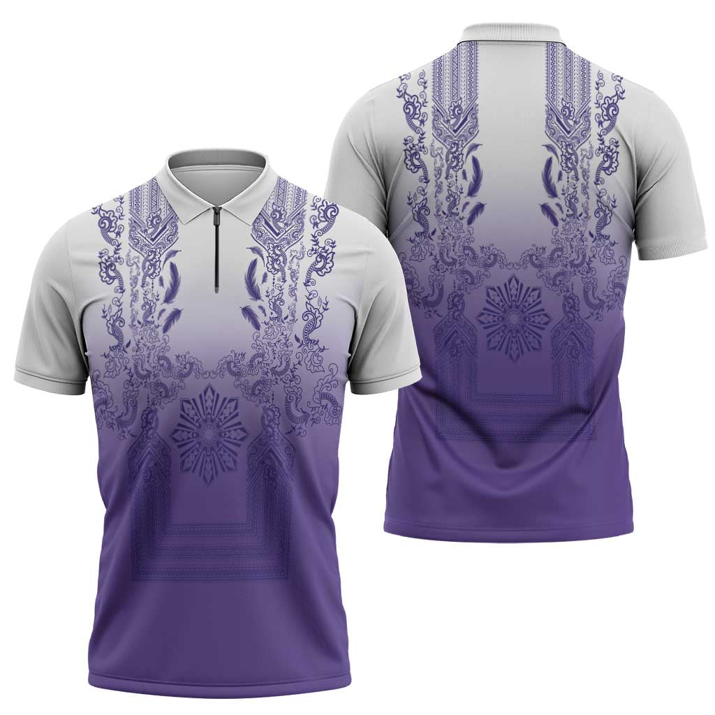 Philippines Barong Style Zipper Polo Shirt with Polynesian Art and Leaf Motif Purple Color