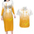 Philippines National Costume Style Couples Matching Long Sleeve Bodycon Dress and Hawaiian Shirt Barong Tagalog and Eagle Feather Yellow Color
