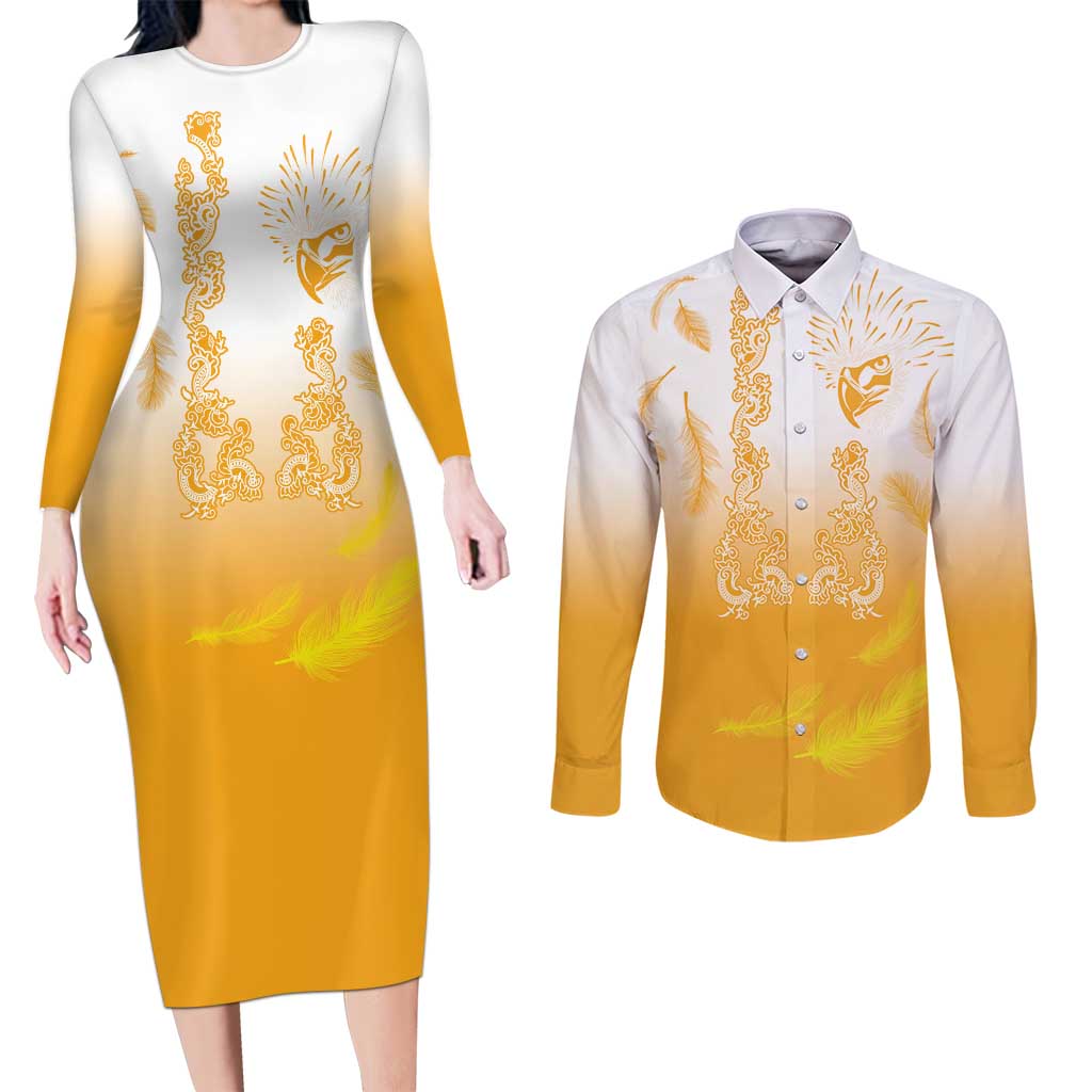 Philippines National Costume Style Couples Matching Long Sleeve Bodycon Dress and Long Sleeve Button Shirt Barong Tagalog and Eagle Feather Yellow Color