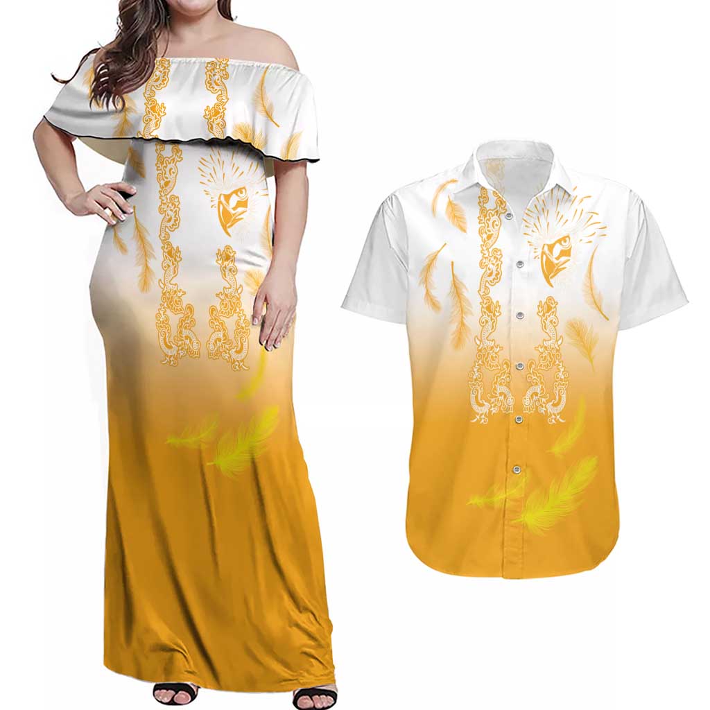 Philippines National Costume Style Couples Matching Off Shoulder Maxi Dress and Hawaiian Shirt Barong Tagalog and Eagle Feather Yellow Color