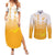 Philippines National Costume Style Couples Matching Summer Maxi Dress and Long Sleeve Button Shirt Barong Tagalog and Eagle Feather Yellow Color