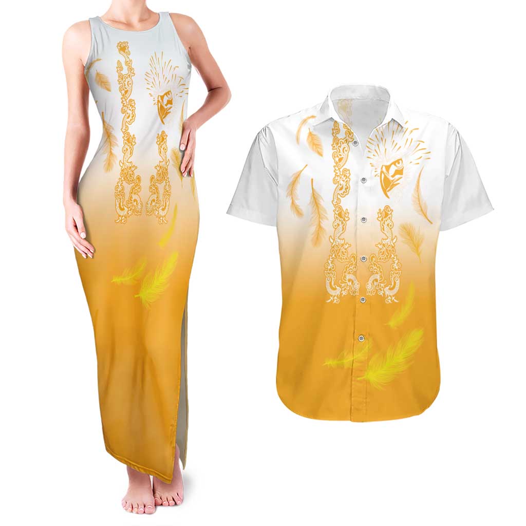 Philippines National Costume Style Couples Matching Tank Maxi Dress and Hawaiian Shirt Barong Tagalog and Eagle Feather Yellow Color