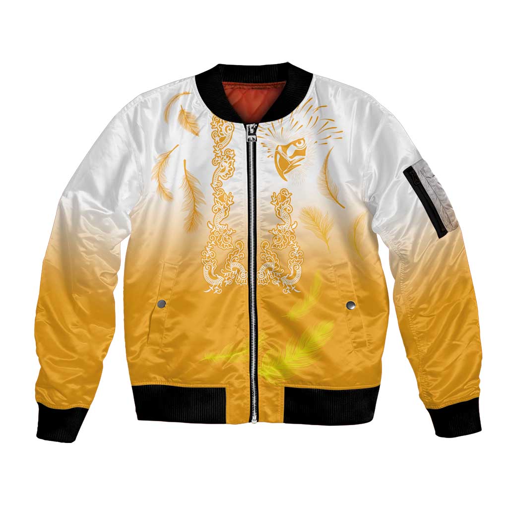 Philippines National Costume Style Sleeve Zip Bomber Jacket Barong Tagalog and Eagle Feather Yellow Color