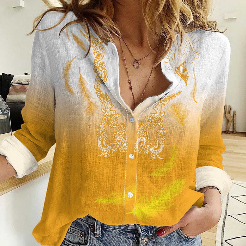 Philippines National Costume Style Women Casual Shirt Barong Tagalog and Eagle Feather Yellow Color
