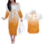 Philippines National Costume Style Couples Matching Off The Shoulder Long Sleeve Dress and Hawaiian Shirt Barong Tagalog and Eagle Feather Orange Color