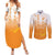Philippines National Costume Style Couples Matching Summer Maxi Dress and Long Sleeve Button Shirt Barong Tagalog and Eagle Feather Orange Color