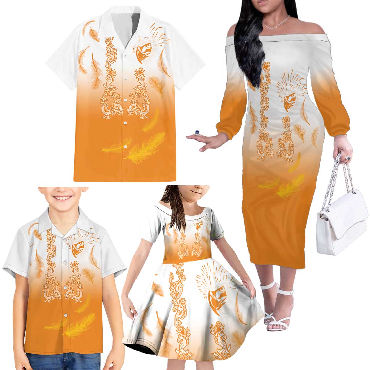 Philippines National Costume Style Family Matching Off The Shoulder Long Sleeve Dress and Hawaiian Shirt Barong Tagalog and Eagle Feather Orange Color
